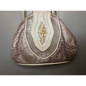 Textured Shoulder Bag Womens Medium Brown Faux Leather Ostrich Croc Applique